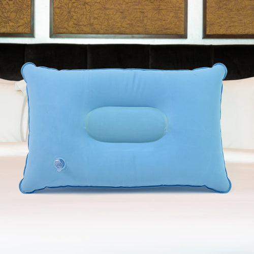 Inflatable travel pillow showing its compact size and comfortable design