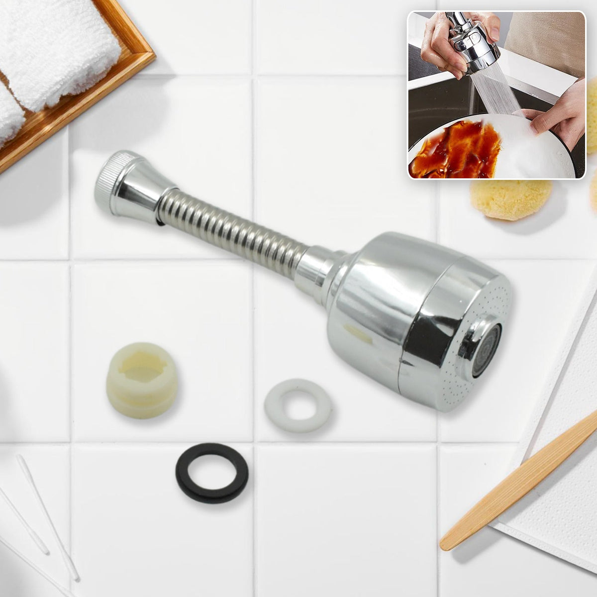 Water-Saving Faucet Sprayer attached to a kitchen sink faucet, ready for use.