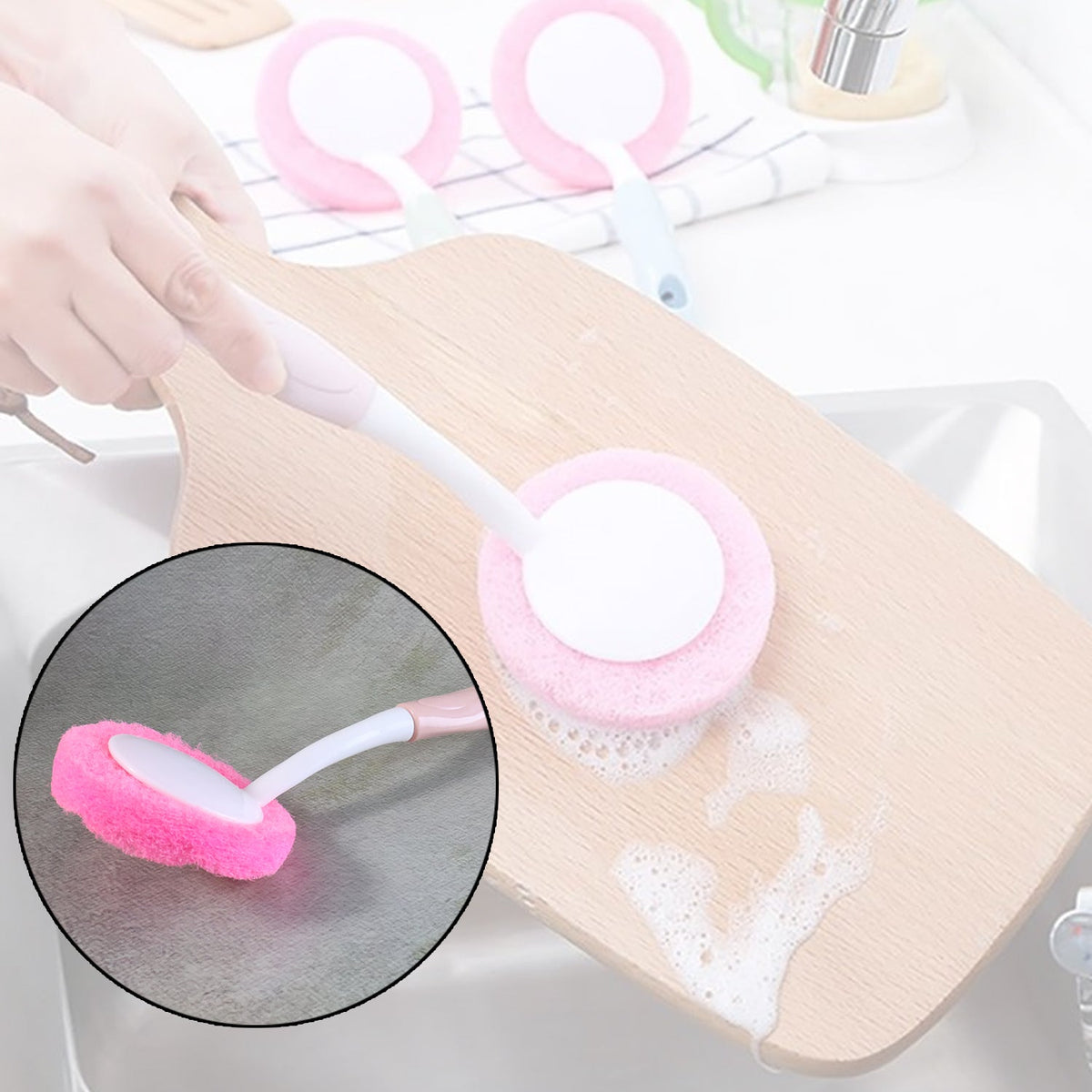Kitchen Dish Scrubber Brush – Long Handle with Soft Sponge