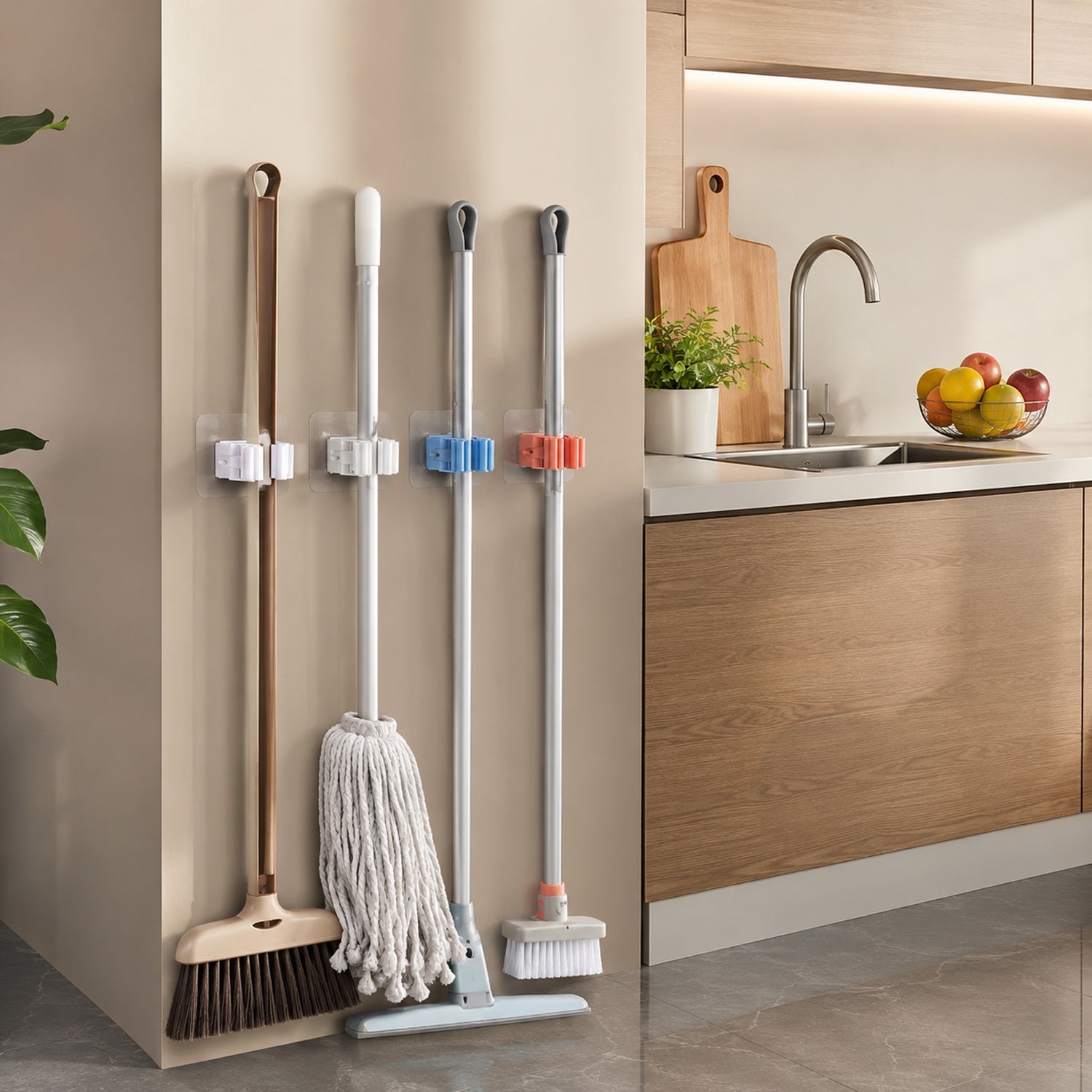 Wall-mounted mop and broom organizer in home or office