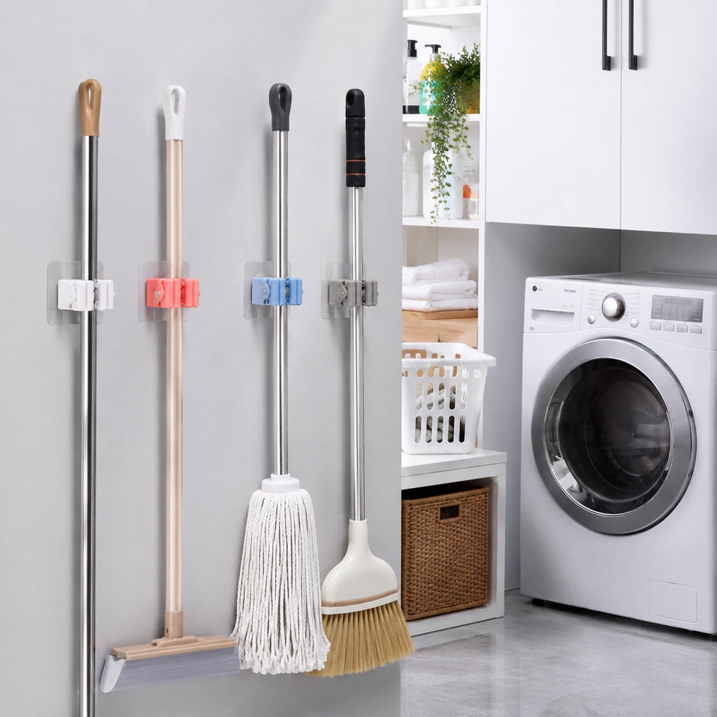 Organized cleaning tools with wall-mounted broom holder