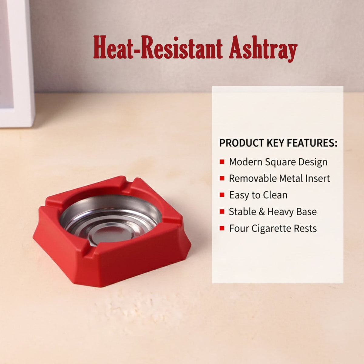 Heat-Resistant Ashtray – Stainless Steel Inner Bowl for Easy Cleaning