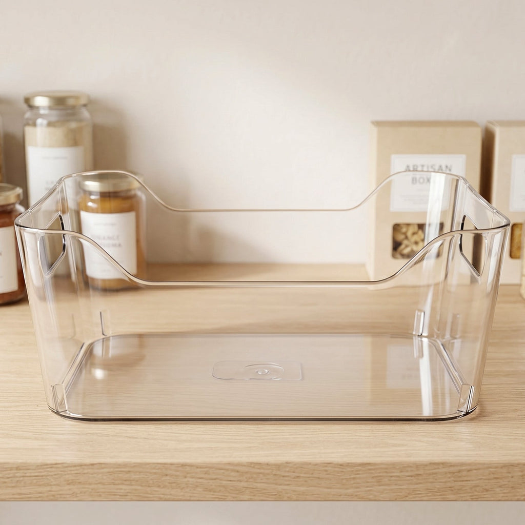 Transparent plastic storage box with handle for fridge and pantry organization