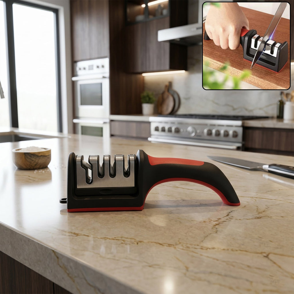 4-stage manual knife sharpener, durable plastic and metal construction