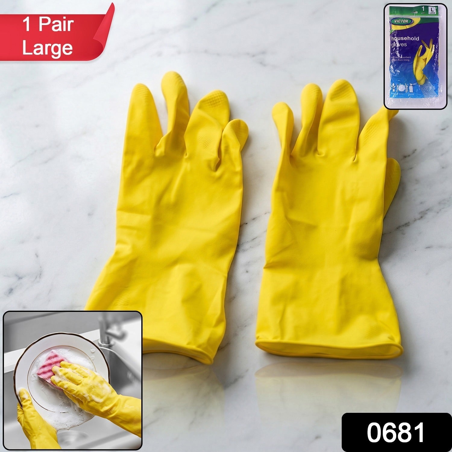 Pair of large yellow dishwashing gloves for kitchen jobs