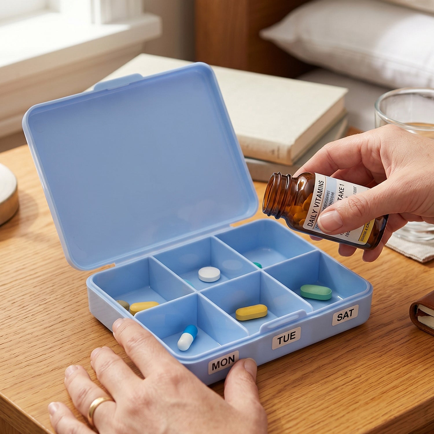 Medicine box organizing pills for daily and weekly use