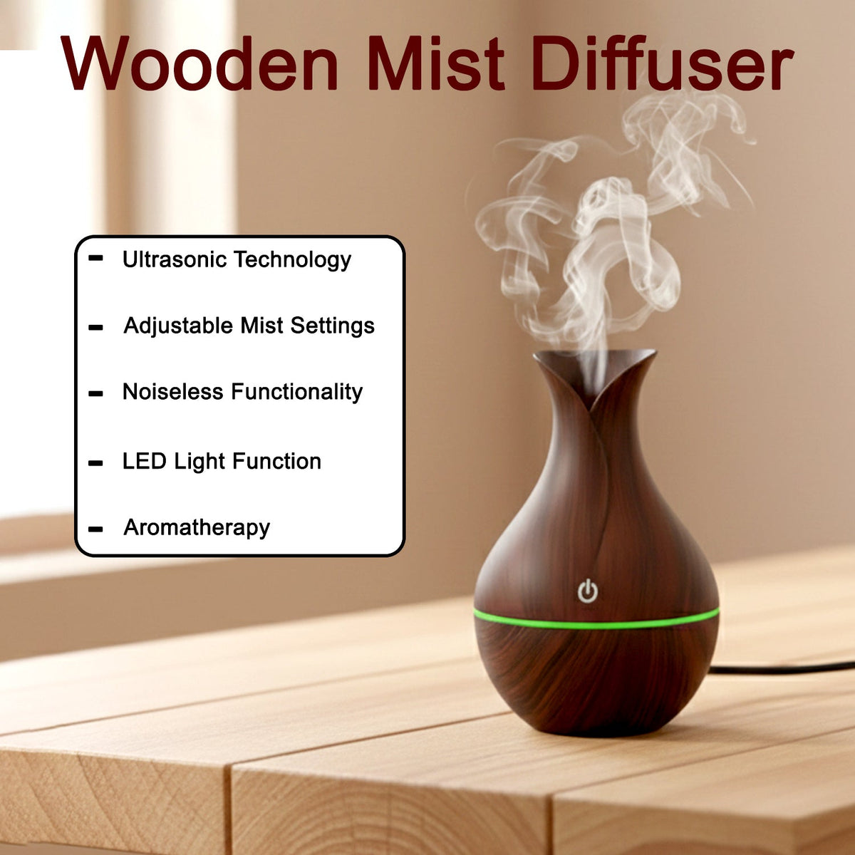 Mini Wooden Humidifier – Ultrasonic Mist Diffuser with LED | Indo Glow