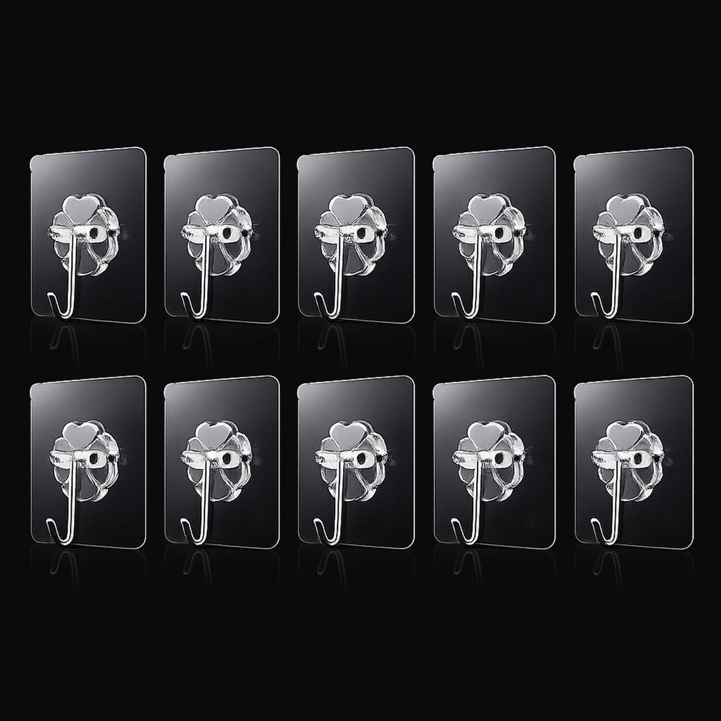 Transparent adhesive wall hooks 10pc set on white background