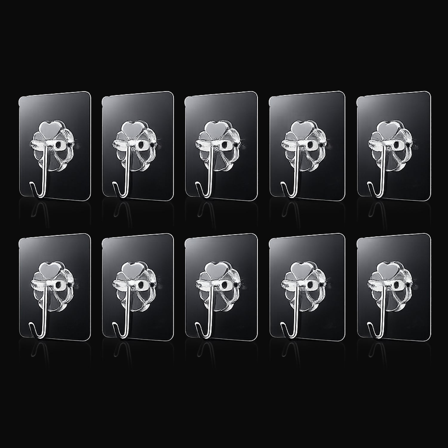 Transparent adhesive wall hooks 10pc set on white background