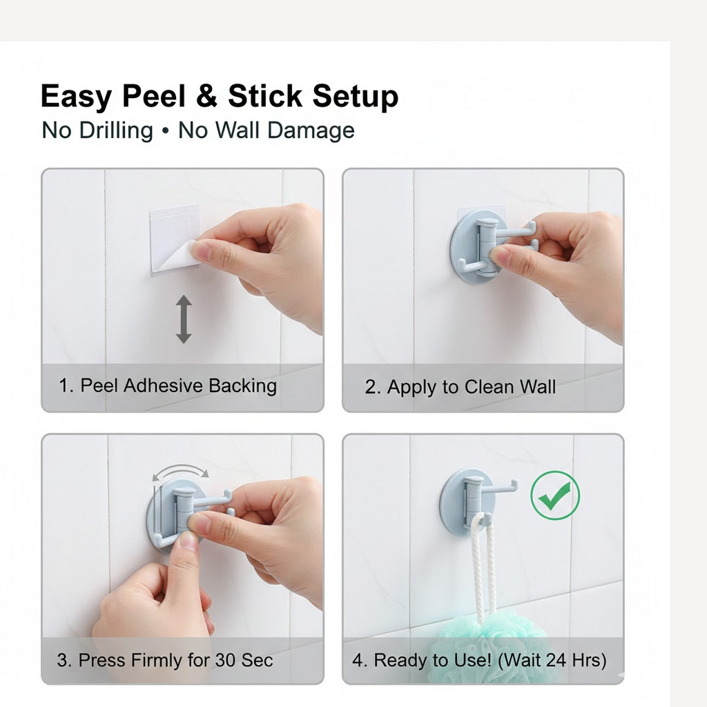 Punch-Free Sticky Hook – 3-Hook Rotating Organizer | GlimmerHome