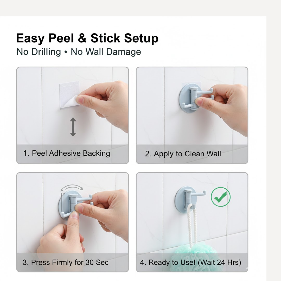 Punch-Free Sticky Hook – 3-Hook Rotating Organizer | GlimmerHome