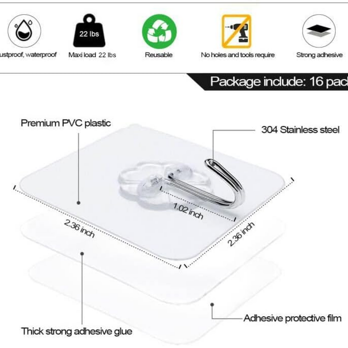 Heavy Duty Adhesive Wall Hooks – 10 Pc Transparent Set