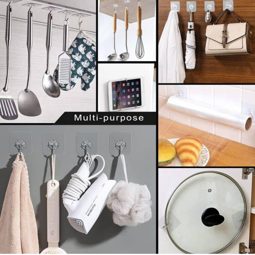 Heavy Duty Adhesive Wall Hooks – 10 Pc Transparent Set