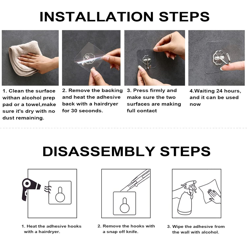 Heavy Duty Adhesive Wall Hooks – 10 Pc Transparent Set