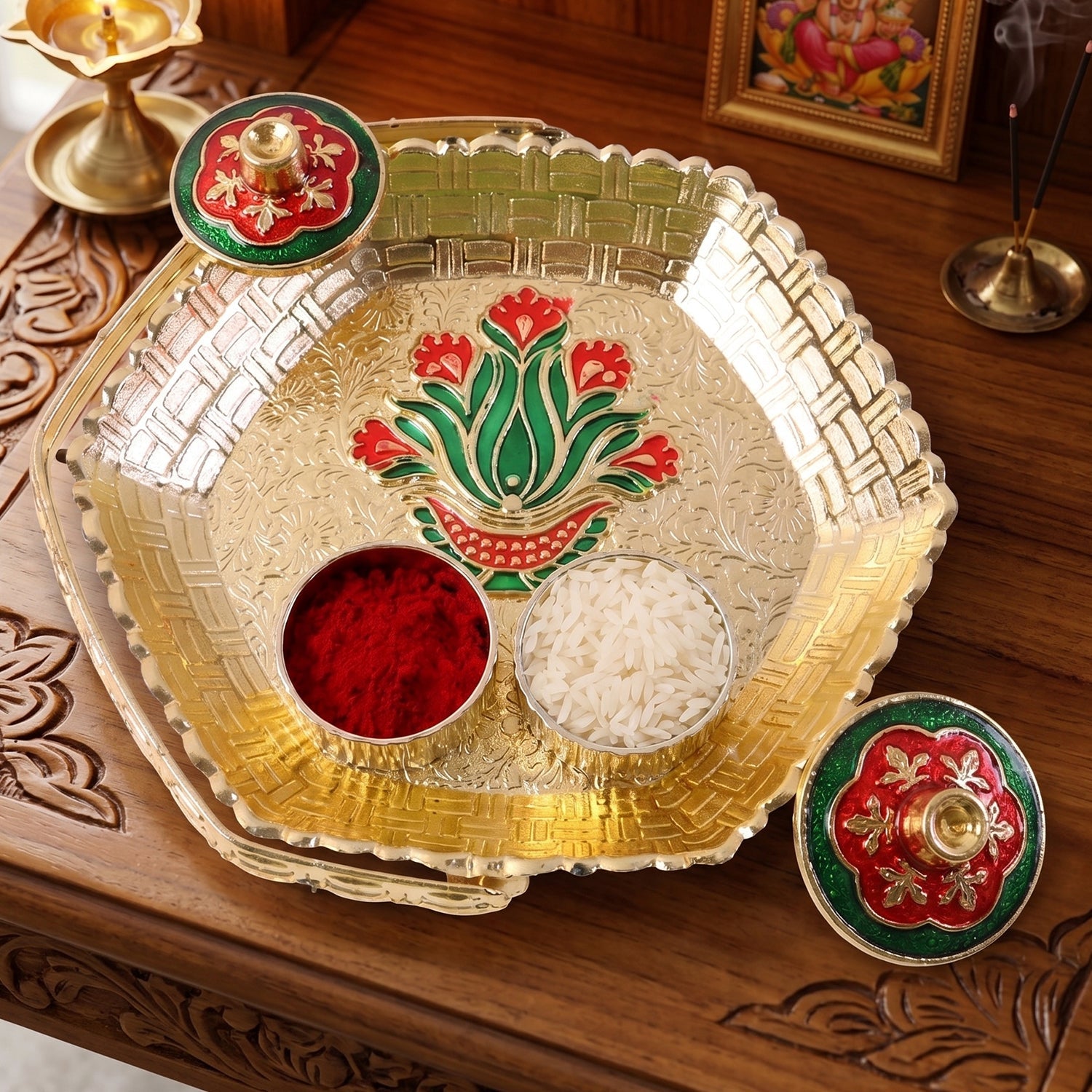 Elegant kumkum kankavati set on pooja thali