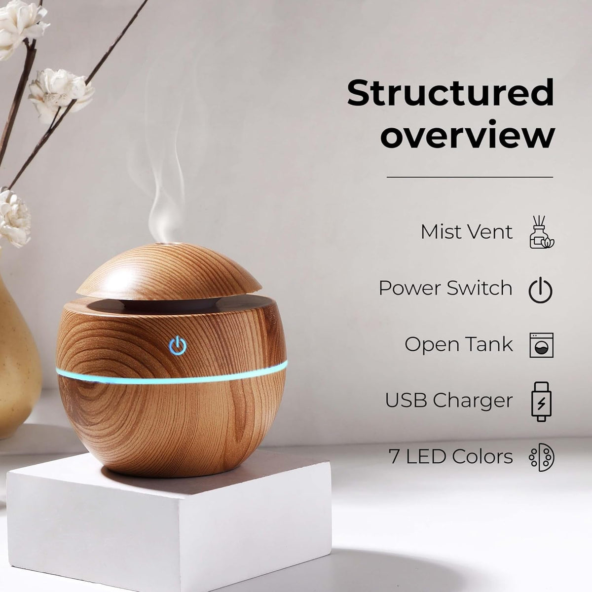 Ultrasonic Aroma Diffuser – Compact 200ml with Color LED Light