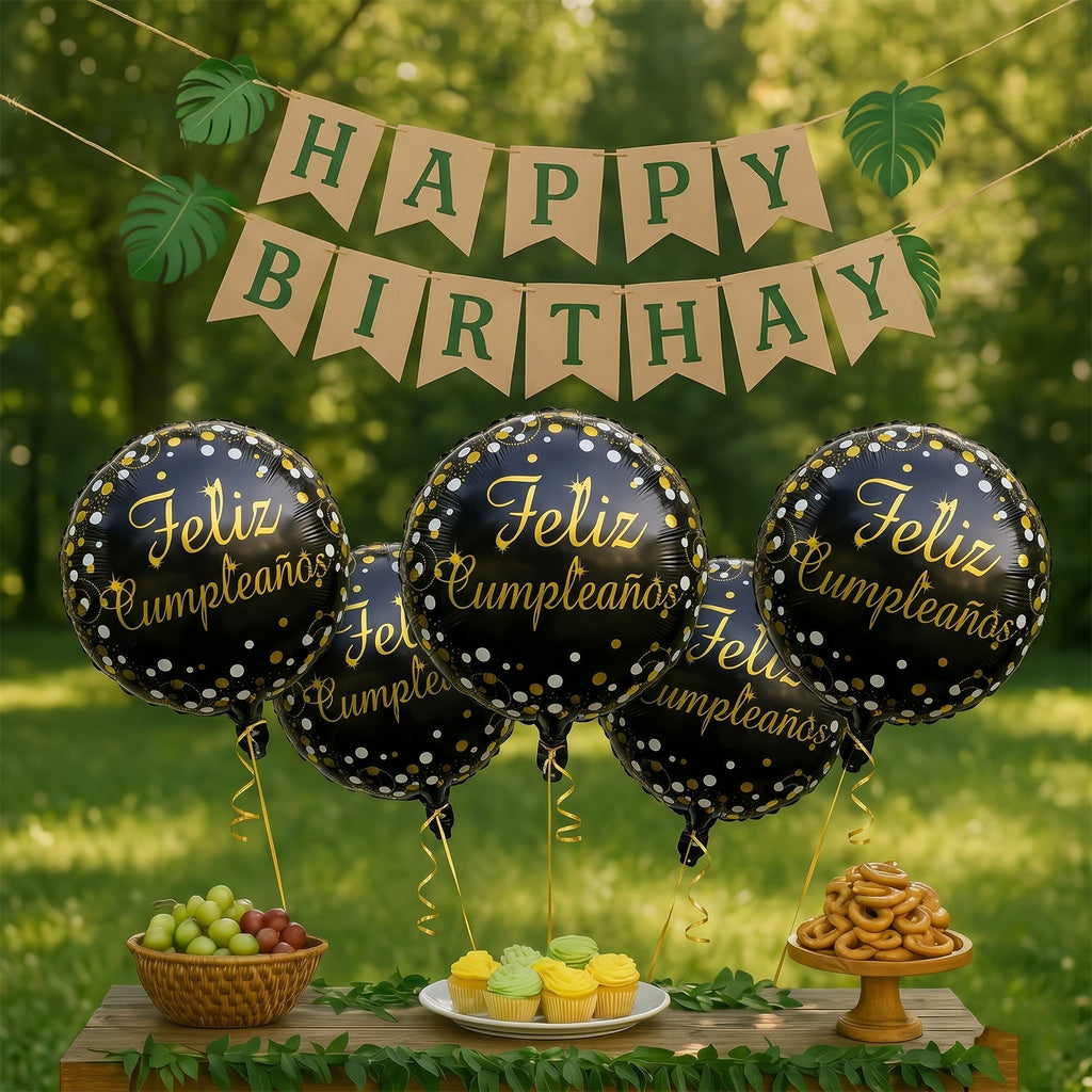 Close-up of Feliz Cumpleanos print on foil balloon