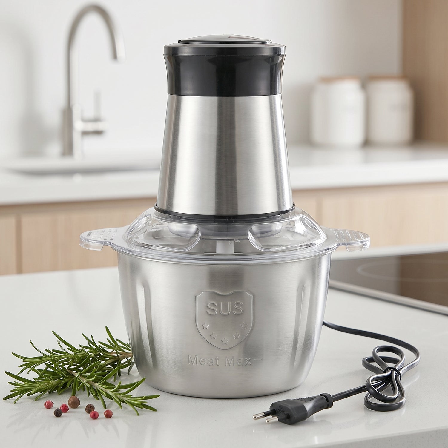 Kitchen food processor in action for chopping and blending