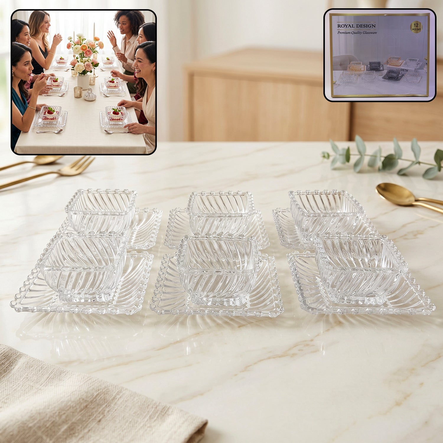 Elegant glass dessert bowls and plates set for special occasions