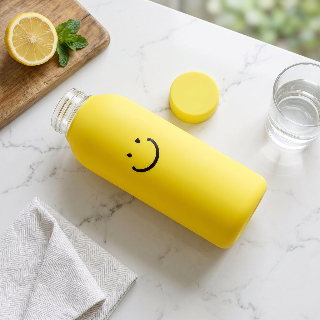 OwlCart EasyLiving – 400 ML Smiley Face Glass Travel Water Bottle with Silicone Sleeve (1 Pc)
