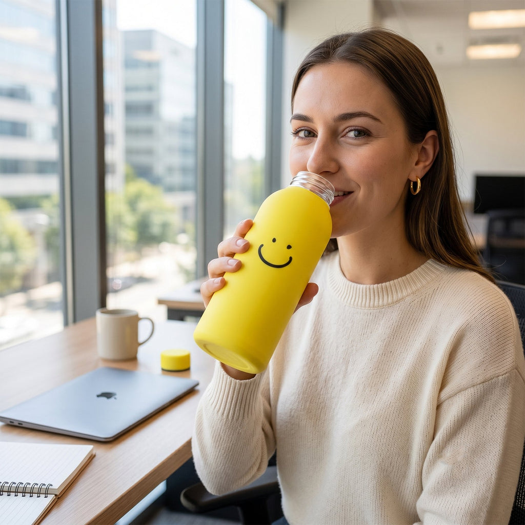 OwlCart EasyLiving – 400 ML Smiley Face Glass Travel Water Bottle with Silicone Sleeve (1 Pc)