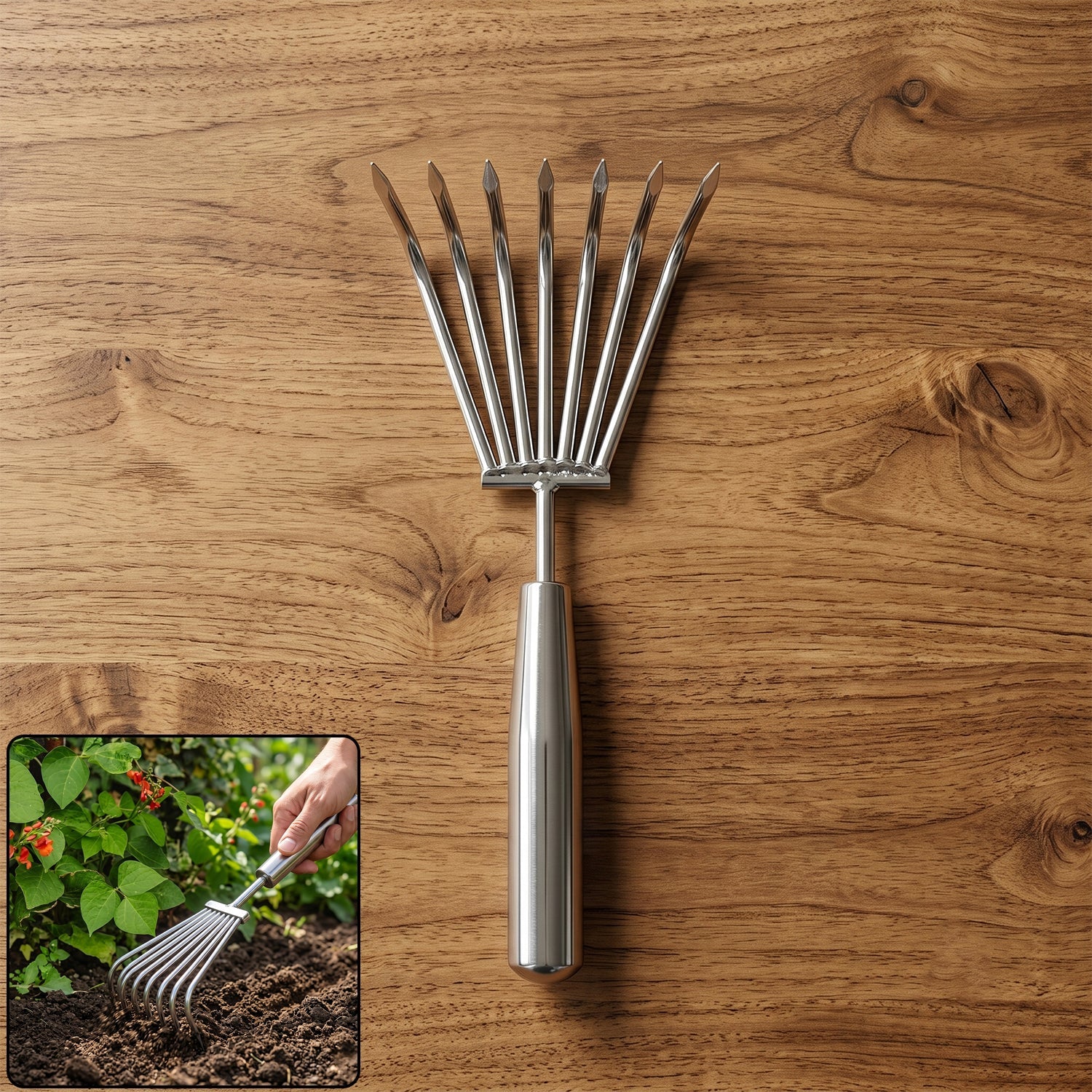 Garden rake in white background highlighting steel tines