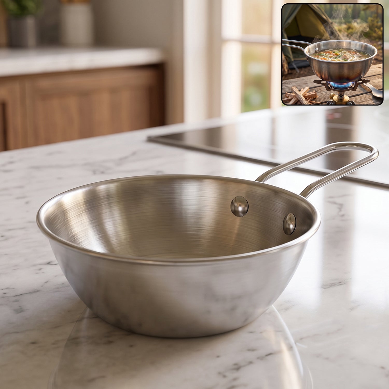 Stainless steel tadka pan with long handle for Indian cooking