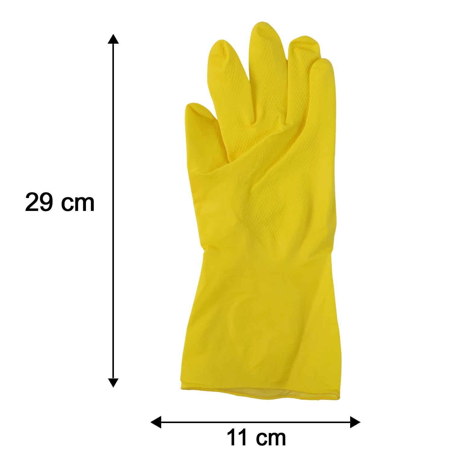 Large yellow cleaning gloves with size dimensions