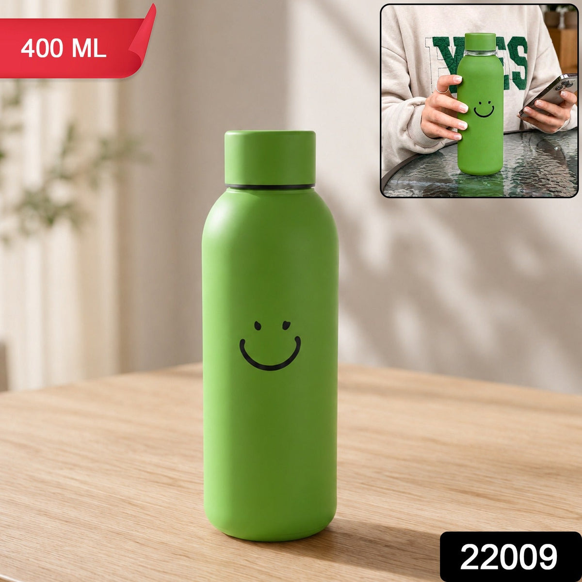 OwlCart EasyLiving – 400 ML Smiley Face Glass Travel Water Bottle with Silicone Sleeve (1 Pc)