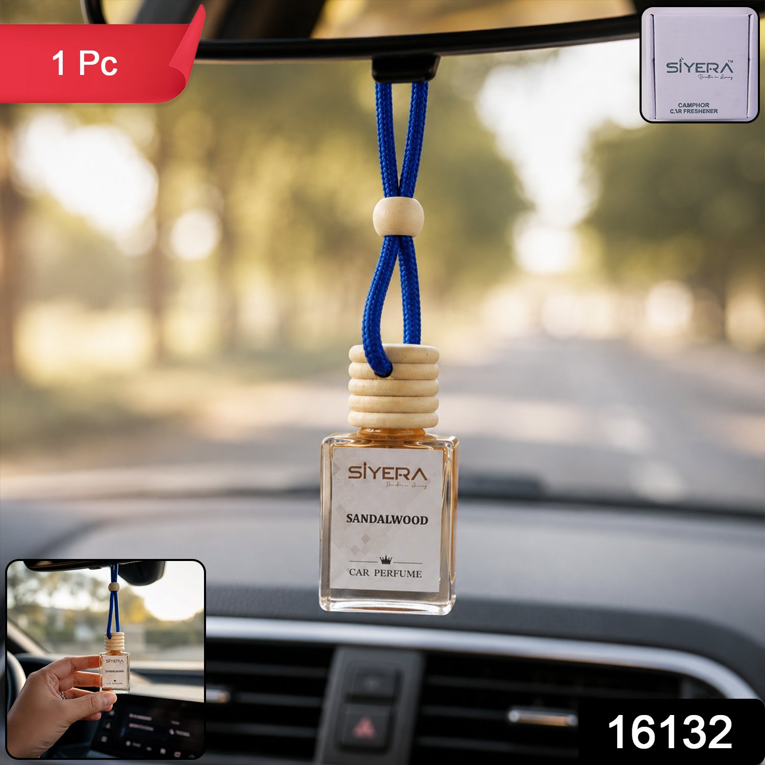 Siyera Sandalwood Car Perfume with natural wooden cap, displayed in its packaging.